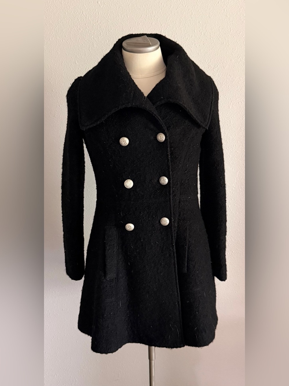 Guess Black Double-Breasted Flared Peacoat with Silver Buttons Medium